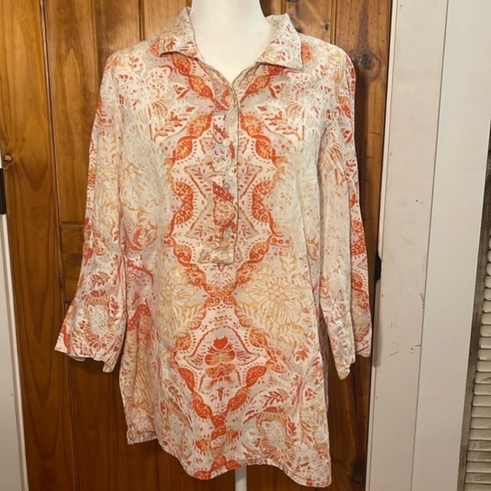 Chico’s Floral Ikat Tribal Print Orange White Linen 3/4 Sleeve top Tunic Size 1
